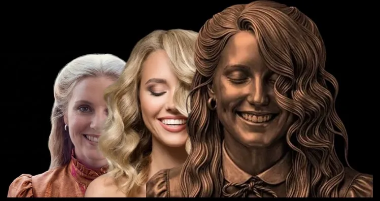 Nikke, the woman in the advert, and the portrait on the Blonde label — the three blended into one image