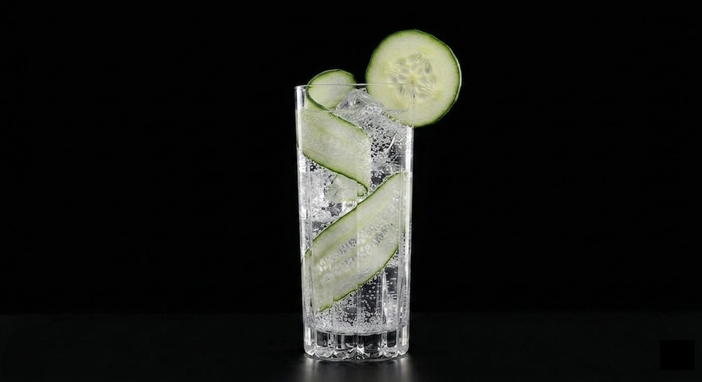 Coastal Breeze in a tall glass with ice and cucumber